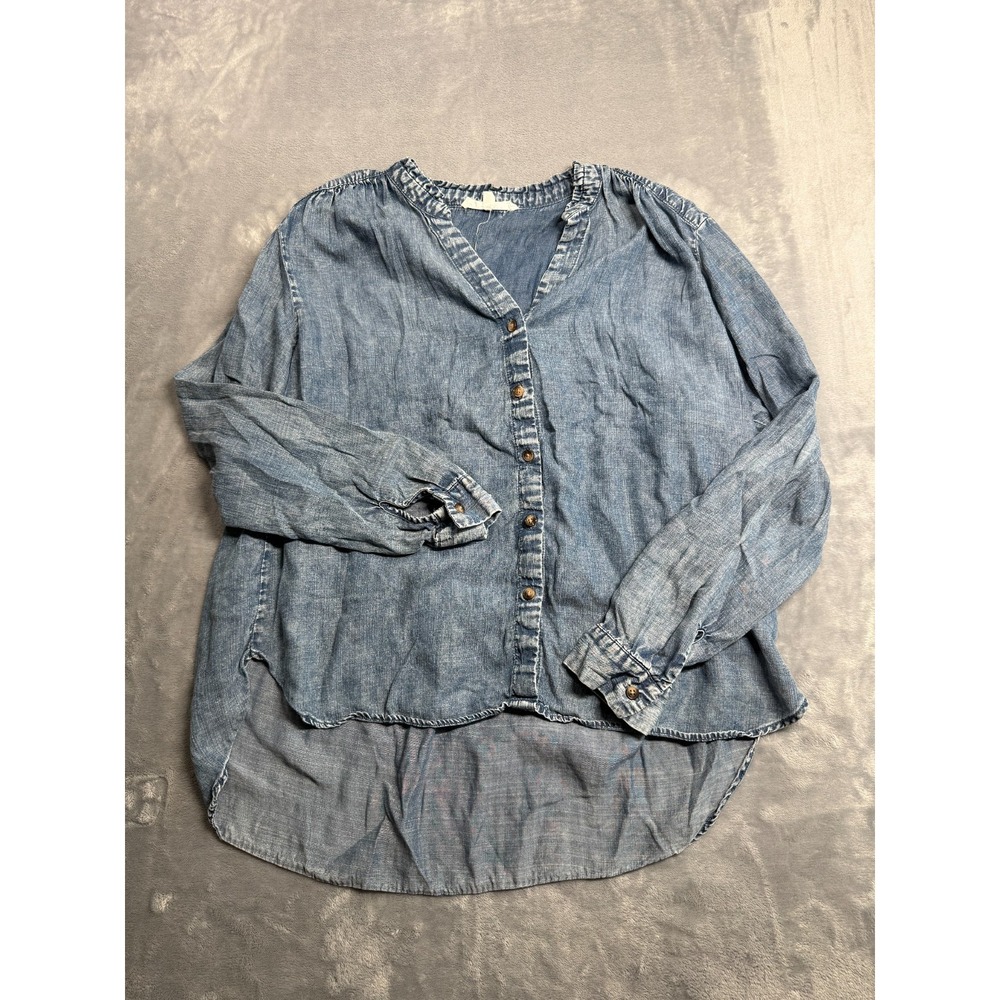 Jane + Delancey Shirt Womens Medium Blue Denim High Low Hem Pleated Button Up